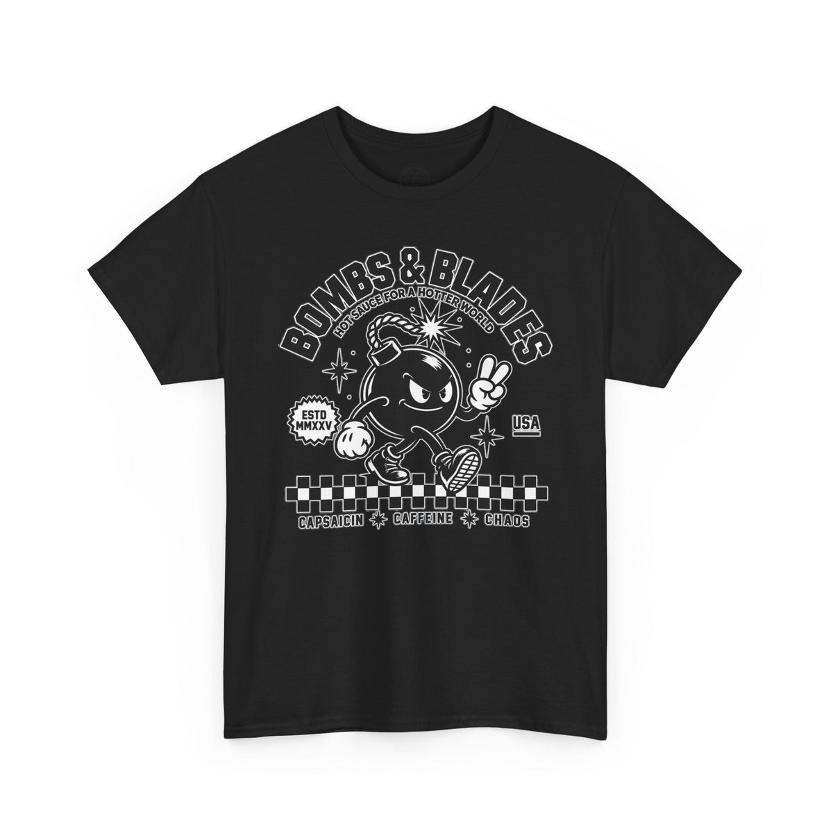 Bombs & Blades Skate Tee — Vintage Bomb Character T‑Shirt